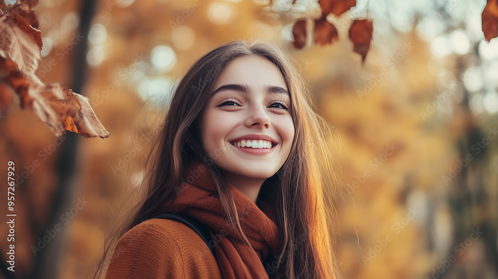 Portrait of young happy smiling caucasian girl in autumn park, positive cheerful young woman enjoying a walk outdoors in autumn forest. Active lifestyle, good health. Enjoying outdoors. Portrait of young happy smiling caucasian girl in autumn park, positive cheerful young woman enjoying a walk outdoors in autumn forest. Active lifestyle, good health. Enjoying outdoors.