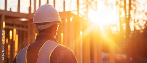 Construction Worker Sunset Hard Hat Building Site