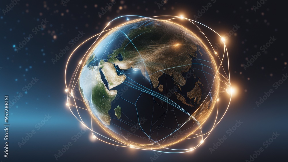 Stylized Earth with interconnected lines and nodes suggesting global connectivity. Stylized Earth with interconnected lines and nodes suggesting global connectivity.