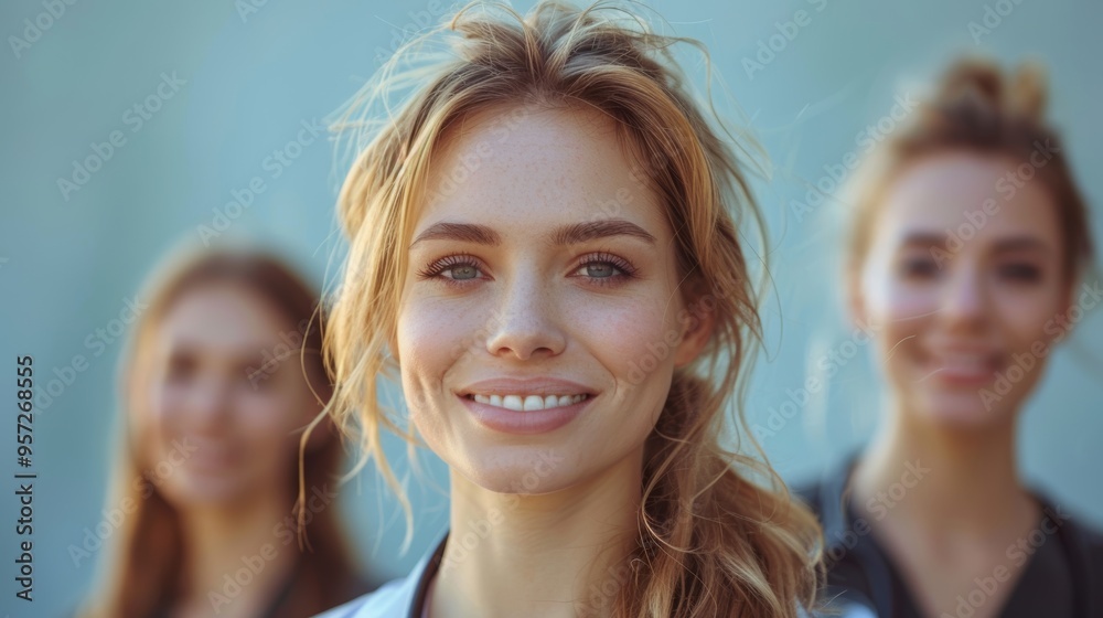 A group of young women smiling and posing together outdoors in soft lighting during a sunny afternoon A group of young women smiling and posing together outdoors in soft lighting during a sunny afternoon
