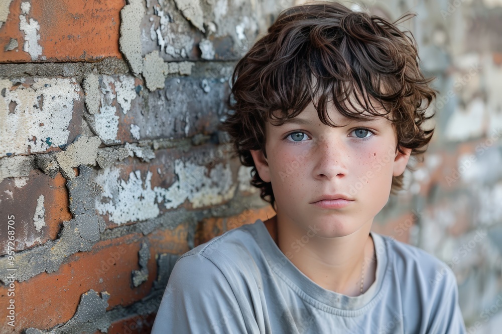 A boy with brown hair and blue eyes is standing in front of a brick wall, generative ai image A boy with brown hair and blue eyes is standing in front of a brick wall, generative ai image