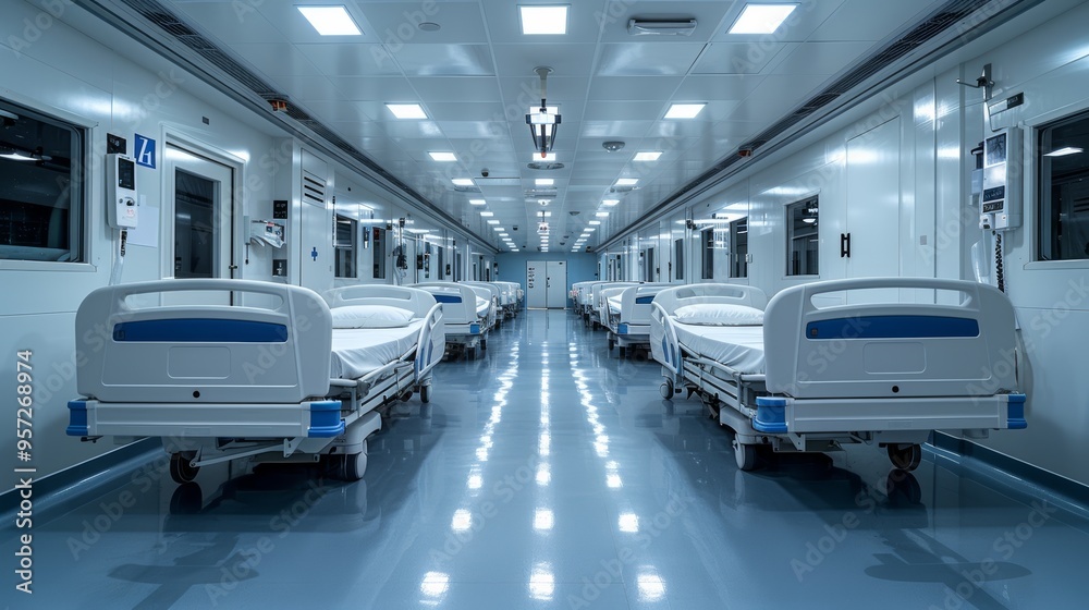 Modern hospital ward featuring empty patient beds and sterile environment in a well-lit facility during daytime hours Modern hospital ward featuring empty patient beds and sterile environment in a well-lit facility during daytime hours