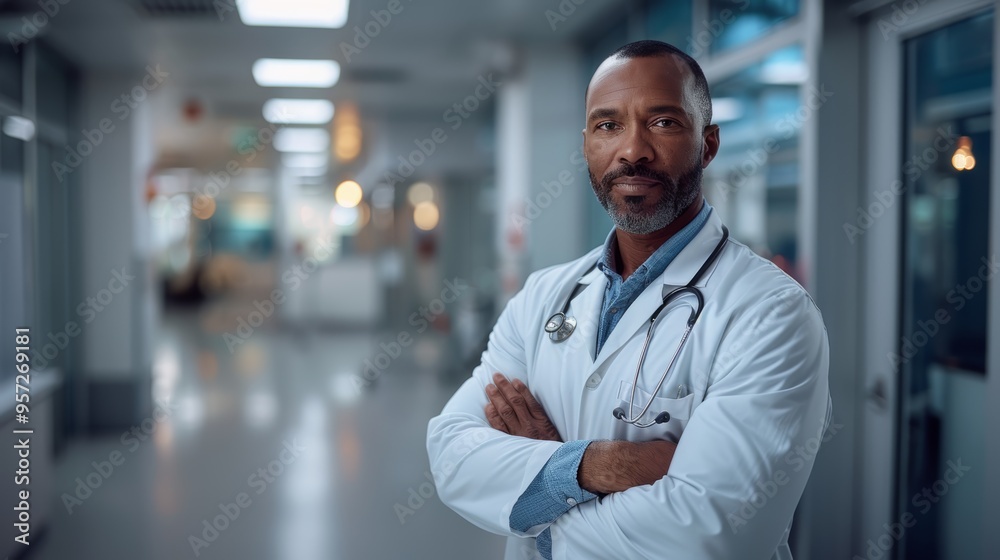 A confident doctor in a white coat stands in a modern hospital corridor with arms crossed, showcasing professionalism and dedication to patient care A confident doctor in a white coat stands in a modern hospital corridor with arms crossed, showcasing professionalism and dedication to patient care