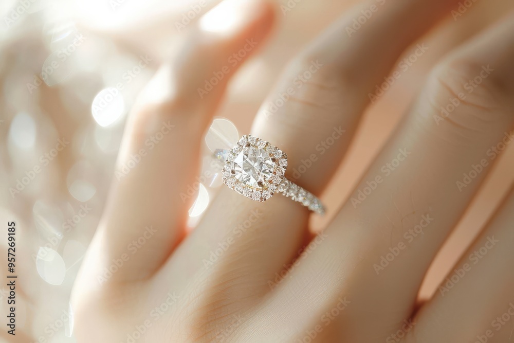 Diamond Rings. Close-Up of Elegant Diamond Rings on Bride's Finger. Love and Wedding Concept with Soft Focus Diamond Rings. Close-Up of Elegant Diamond Rings on Bride's Finger. Love and Wedding Concept with Soft Focus