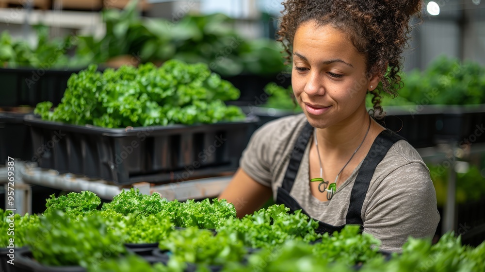 Working on an indoor farm with fresh lettuce in a greenhouse during early morning hours, showcasing sustainable agriculture practices Working on an indoor farm with fresh lettuce in a greenhouse during early morning hours, showcasing sustainable agriculture practices