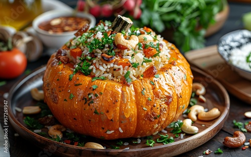 A whole pumpkin filled with rice, raisins, cashews, and herbs, on a wooden plate.