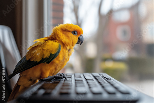 Parrot sitting on a computer keyboard photo