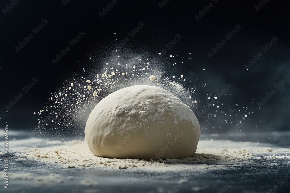 piece of dough in flour on a black background piece of dough in flour on a black background