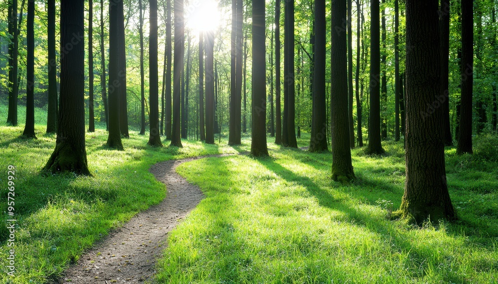 Obraz premium Serene Autumn Forest with Sunlight Filtering Through Tall Trees and a Winding Path