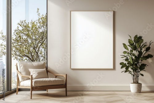 Poster Frame in Beige minimalist living room interior created with generative AI