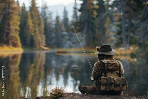 A serene scene of a bear fishing by a tranquil lake surrounded by tall trees, capturing the essence of nature's beauty. photo