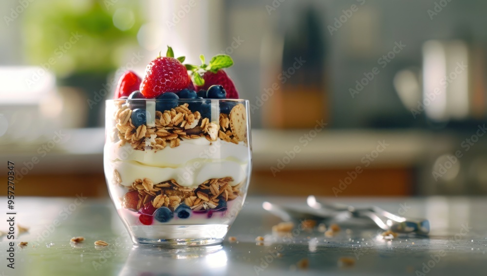 A layered yogurt and granola breakfast dish A layered yogurt and granola breakfast dish