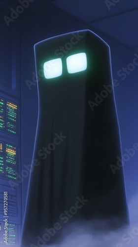 Mysterious game hero character with glowing eyes in a fantastical digital landscape for mobile and desktop wallpaper