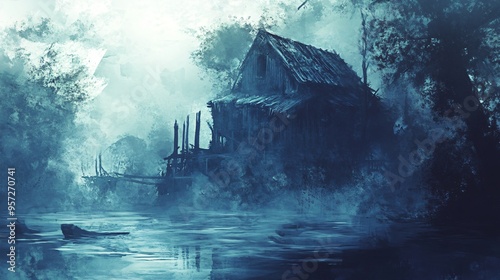 Abandoned pirate camp, haunted by spirits, eerie atmosphere, Watercolor style photo