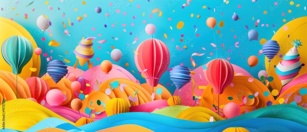 A vibrant landscape of colorful balloons and festive confetti, creating a joyful and whimsical atmosphere perfect for celebrations. A vibrant landscape of colorful balloons and festive confetti, creating a joyful and whimsical atmosphere perfect for celebrations.