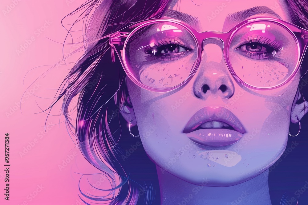 Beautiful woman wearing stylish glasses posing in neon light Beautiful woman wearing stylish glasses posing in neon light