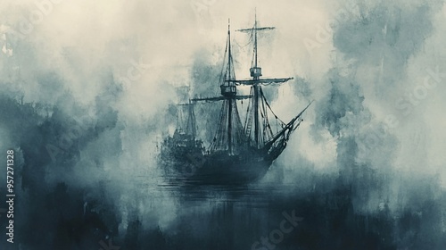 Ghostly pirate ship, emerging from the depths, eerie fog, Watercolor style photo