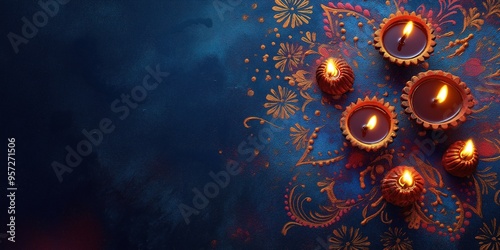 Vibrant Diwali Banner with Colorful Rangoli and Diyas, Perfect for Traditional Festive Greetings