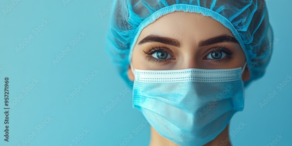 Medical professional adjusting blue face mask, emphasizing hygiene Medical professional adjusting blue face mask, emphasizing hygiene