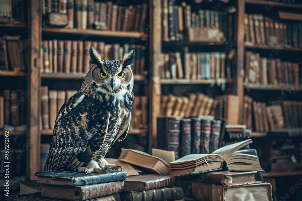 custom made wallpaper toronto digitalAn owl perches on stacked books in a cozy library, embodying wisdom and knowledge in a beautiful, serene environment.
