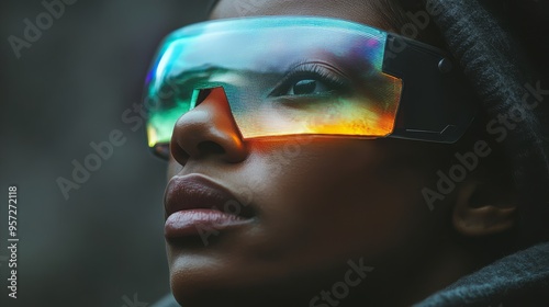 supeheroic game character design concept with futuristic sunglasses and a stunning landscape suitable for mobile or desktop wallpaper photo