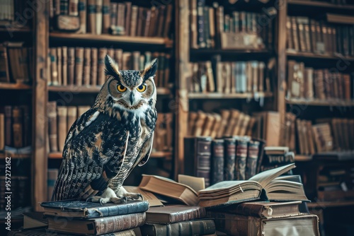 Wallpaper Mural An owl perches on stacked books in a cozy library, embodying wisdom and knowledge in a beautiful, serene environment. Torontodigital.ca