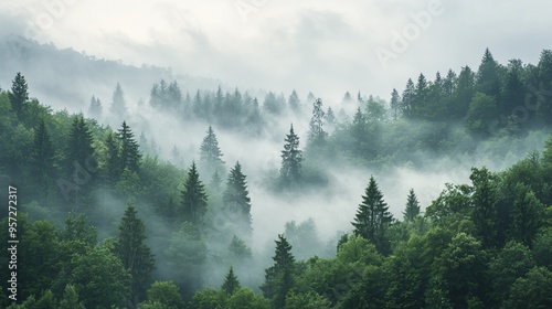 Morning mist rolling through a dense forest, foggy weather, mysterious ambiance