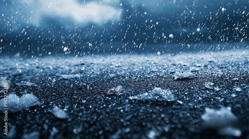 Hailstorm with ice pellets hitting the ground, severe weather, frozen precipitation