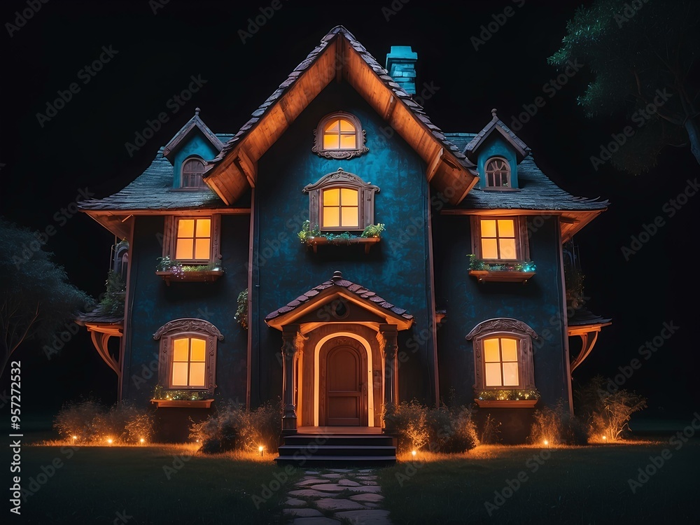 haunted-looking house with dark exterior and glowing windows, evoking a sense of mystery and gothic architectural design haunted-looking house with dark exterior and glowing windows, evoking a sense of mystery and gothic architectural design