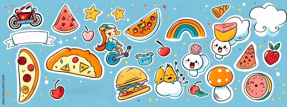 sticker sheet with cute food, colorful illustrations of rollerblades, food vector illustration sticker sheet with cute food, colorful illustrations of rollerblades, food vector illustration