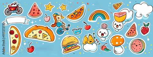 sticker sheet with cute food, colorful illustrations of rollerblades, food vector illustration