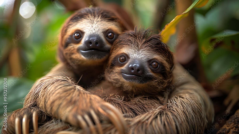 Naklejka premium Two sloths cuddle in a rainforest setting, their big eyes gazing directly at the camera.