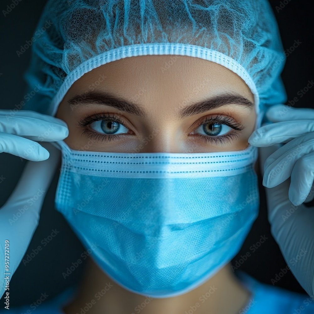 Medical professional adjusting blue face mask, emphasizing hygiene Medical professional adjusting blue face mask, emphasizing hygiene