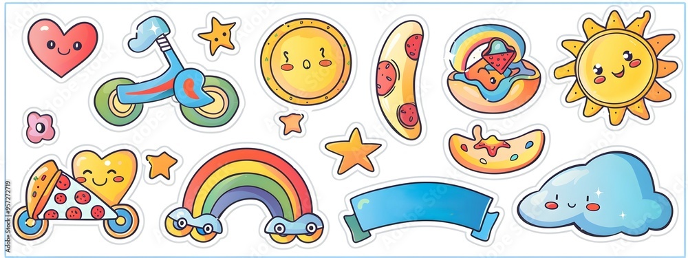 sticker sheet with cute food, colorful illustrations of rollerblades, food vector illustration sticker sheet with cute food, colorful illustrations of rollerblades, food vector illustration