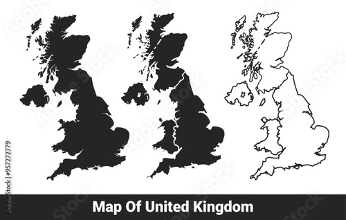 Black map of United Kingdom flat and outline style vector illustration set