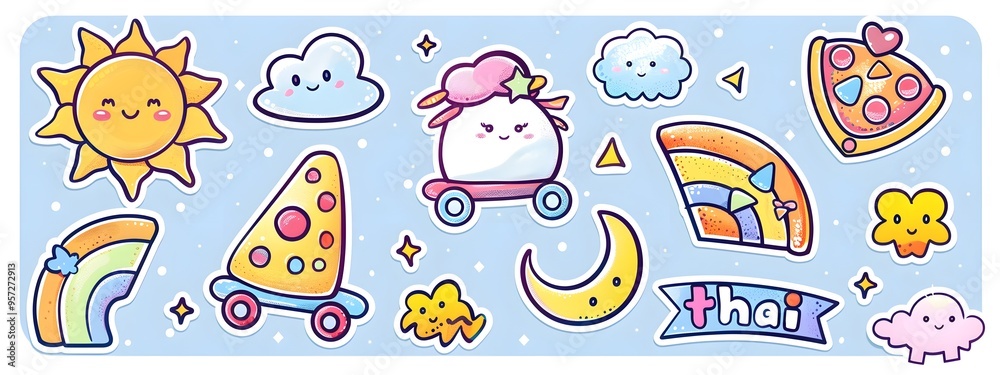 sticker sheet with cute food, colorful illustrations of rollerblades, food vector illustration sticker sheet with cute food, colorful illustrations of rollerblades, food vector illustration