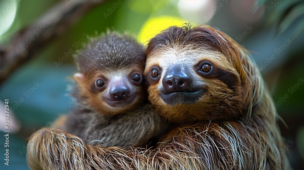Obraz premium A mother sloth cradles her baby sloth in the lush greenery of the rainforest.