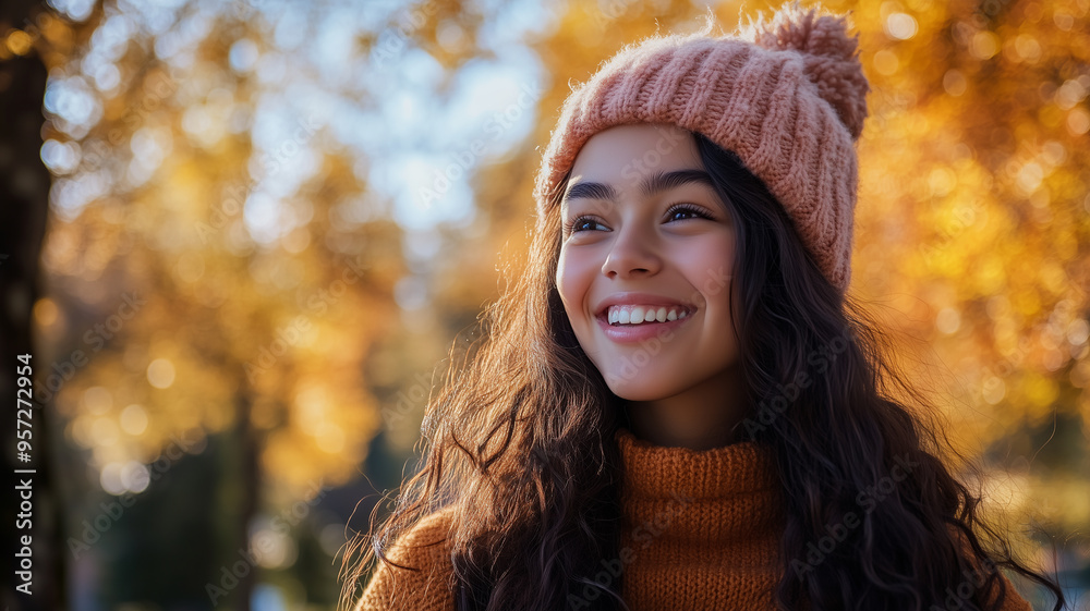 Portrait of young happy smiling hispanic girl in autumn park, positive cheerful young woman enjoying a walk outdoors in autumn forest. Active lifestyle, good health. Enjoying outdoors. Portrait of young happy smiling hispanic girl in autumn park, positive cheerful young woman enjoying a walk outdoors in autumn forest. Active lifestyle, good health. Enjoying outdoors.