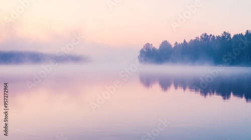 Drifting fog over a still lake at dawn, foggy weather, calm and ethereal