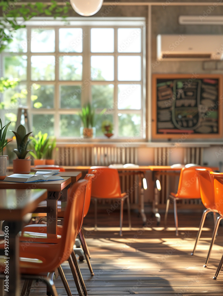 Trendy restaurant interior featuring bright orange chairs, elegant wooden tables, and vibrant greenery for a refreshing ambiance Trendy restaurant interior featuring bright orange chairs, elegant wooden tables, and vibrant greenery for a refreshing ambiance