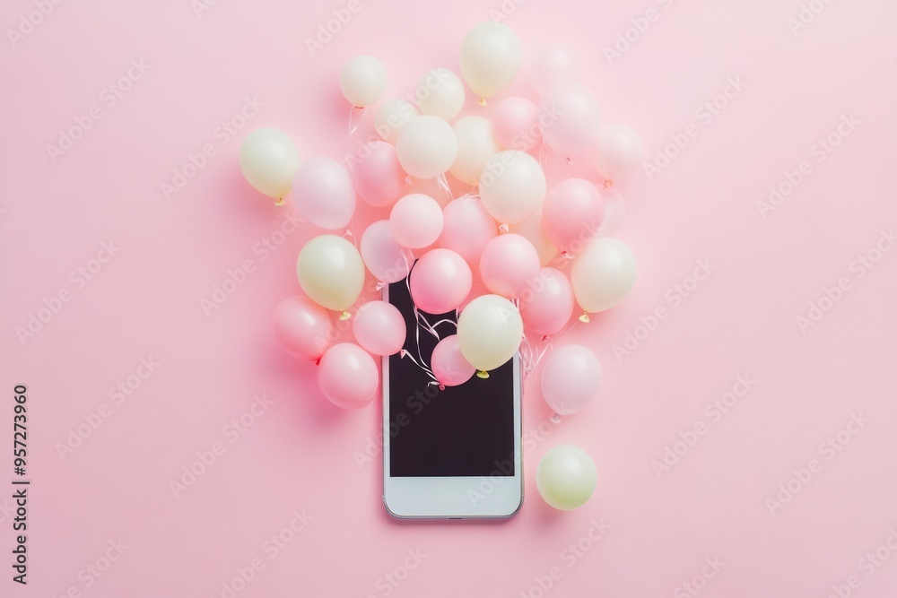 A smartphone with pastel-colored balloons spilling out of it, creating an adorable and playful A smartphone with pastel-colored balloons spilling out of it, creating an adorable and playful