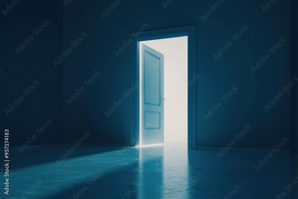 an open door with light coming out of it on the horizon, hyper realistic, dark blue background an open door with light coming out of it on the horizon, hyper realistic, dark blue background