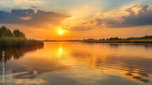 Hazy sunset over a calm river, humid weather, golden hour light