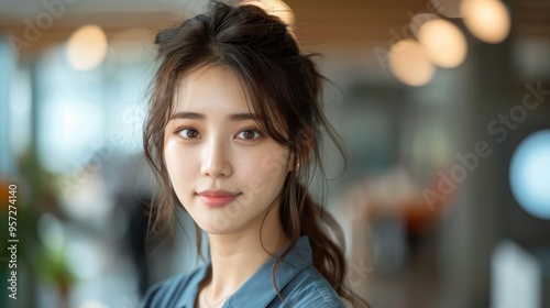 Young woman with long dark hair smiling at a modern café during the day, showcasing a relaxed atmosphere and friendly demeanor