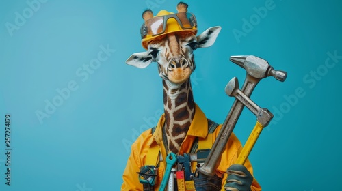 A construction giraffe worker equipped with various tools