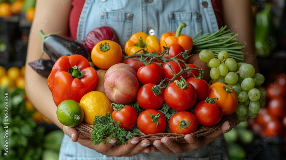 Freshly harvested vegetables and fruits arranged beautifully in a basket held by a person in a colorful market during daytime Freshly harvested vegetables and fruits arranged beautifully in a basket held by a person in a colorful market during daytime