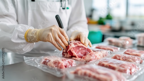 A chef carefully preparing meat for packaging in a clean kitchen environment, emphasizing food safety and culinary hygiene.