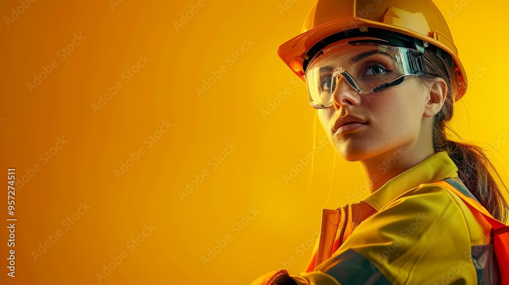 A construction woman worker wearing a hard hat and safety vest A construction woman worker wearing a hard hat and safety vest