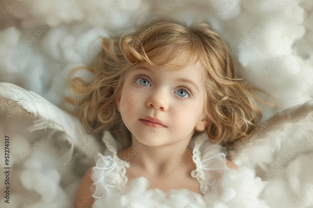Adorable toddler girl wearing angel costume lying on clouds Adorable toddler girl wearing angel costume lying on clouds