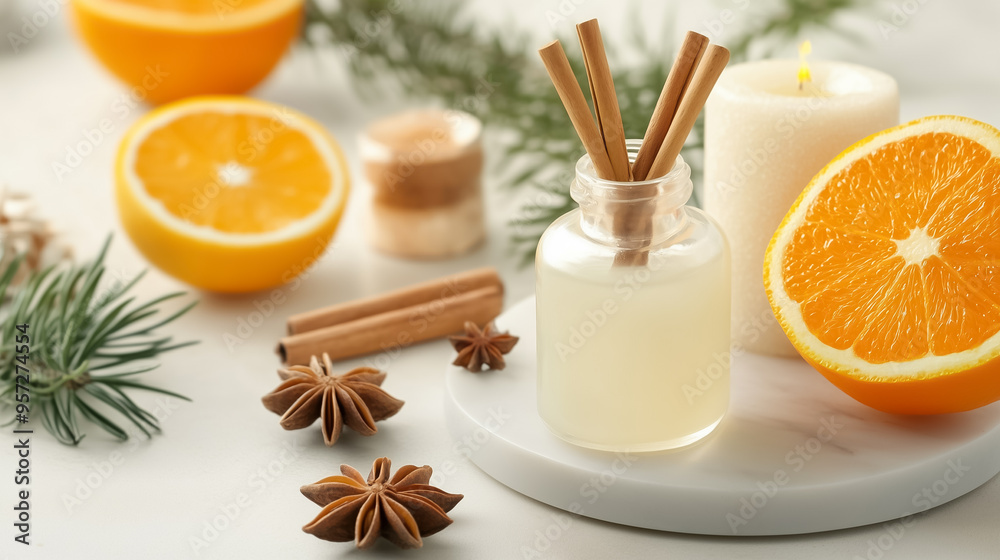 Candles illuminate a tranquil arrangement of essential oil, fresh oranges, and aromatic spices, creating a soothing atmosphere perfect for relaxation Candles illuminate a tranquil arrangement of essential oil, fresh oranges, and aromatic spices, creating a soothing atmosphere perfect for relaxation